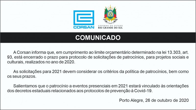 Comunicado Patrocínio 2020