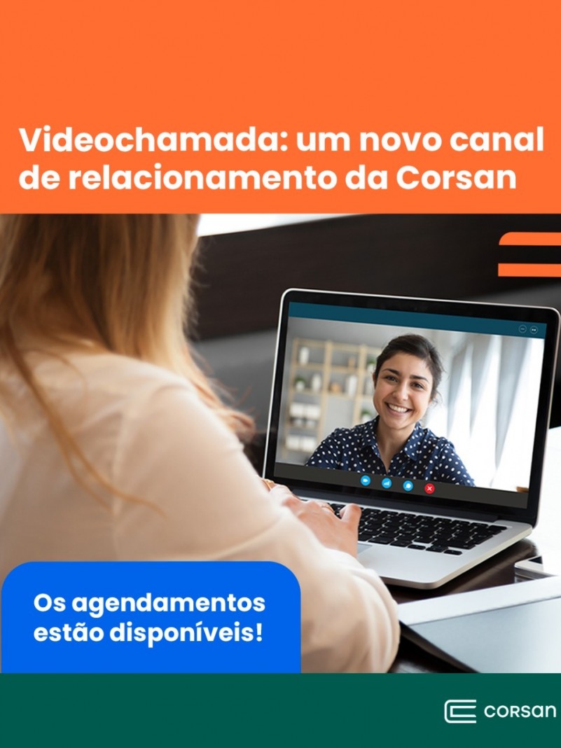 Cartaz sobre novo canal de relacionamento da Corsan, que agora atende os clientes também por videochamada